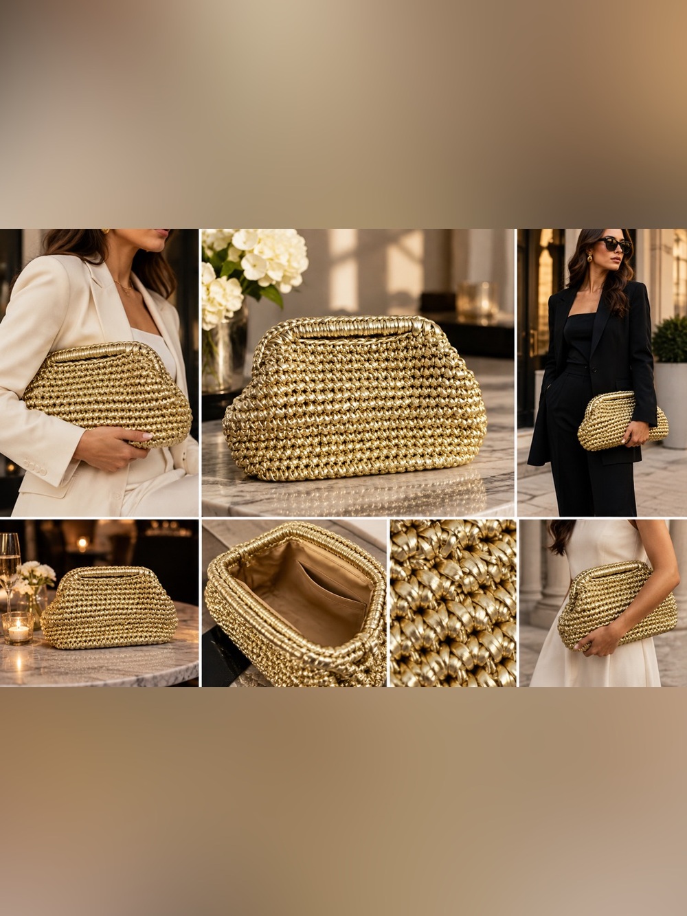 Gold Woven Clutch Bag - Elegant Evening Handbag